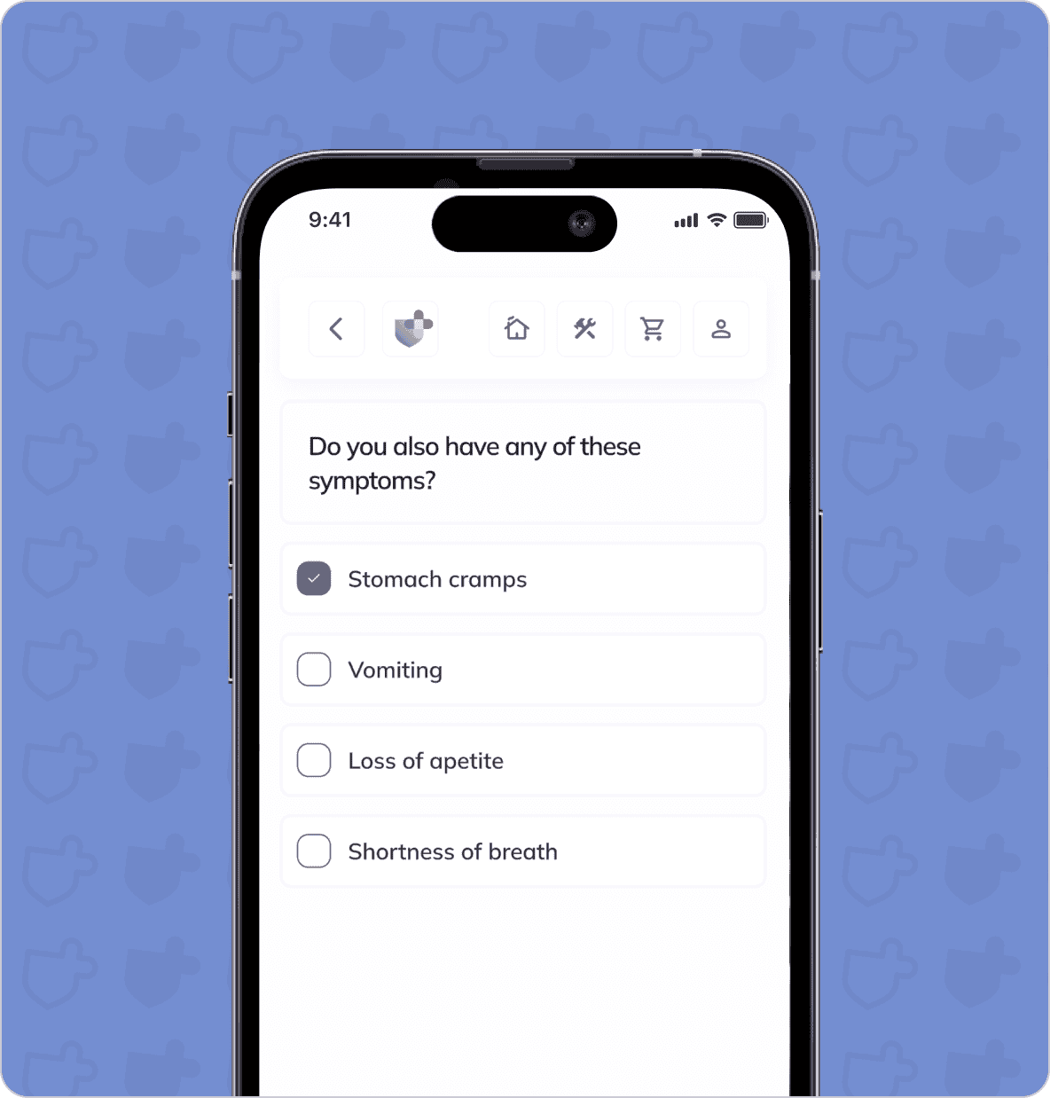 A smartphone screen showing a health app with a question about symptoms. "Stomach cramps" is selected, with options for "Vomiting," "Loss of appetite," and "Shortness of breath" listed below.