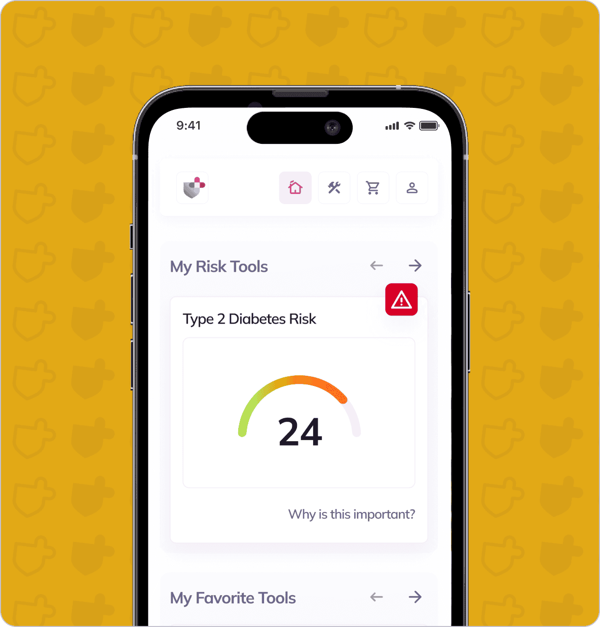 A smartphone screen displays a health app indicating a Type 2 Diabetes Risk score of 24 with a warning icon, set against a yellow background with shield patterns.