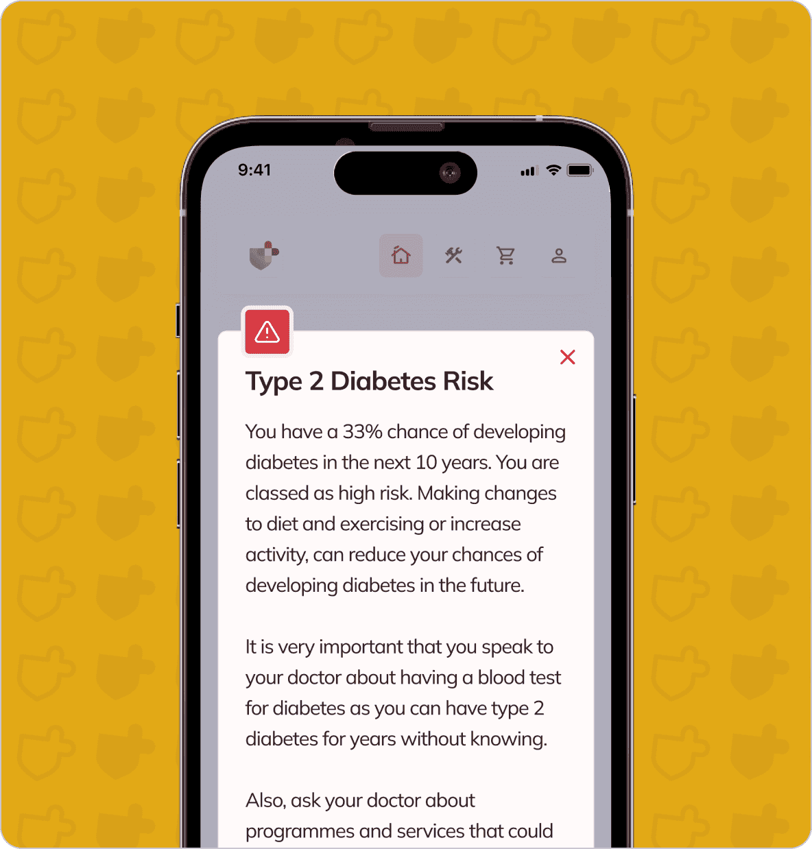 A smartphone screen displaying a message about a Type 2 Diabetes risk, indicating a 33% chance of developing diabetes in the next 10 years and recommending dietary and exercise changes to reduce risk.