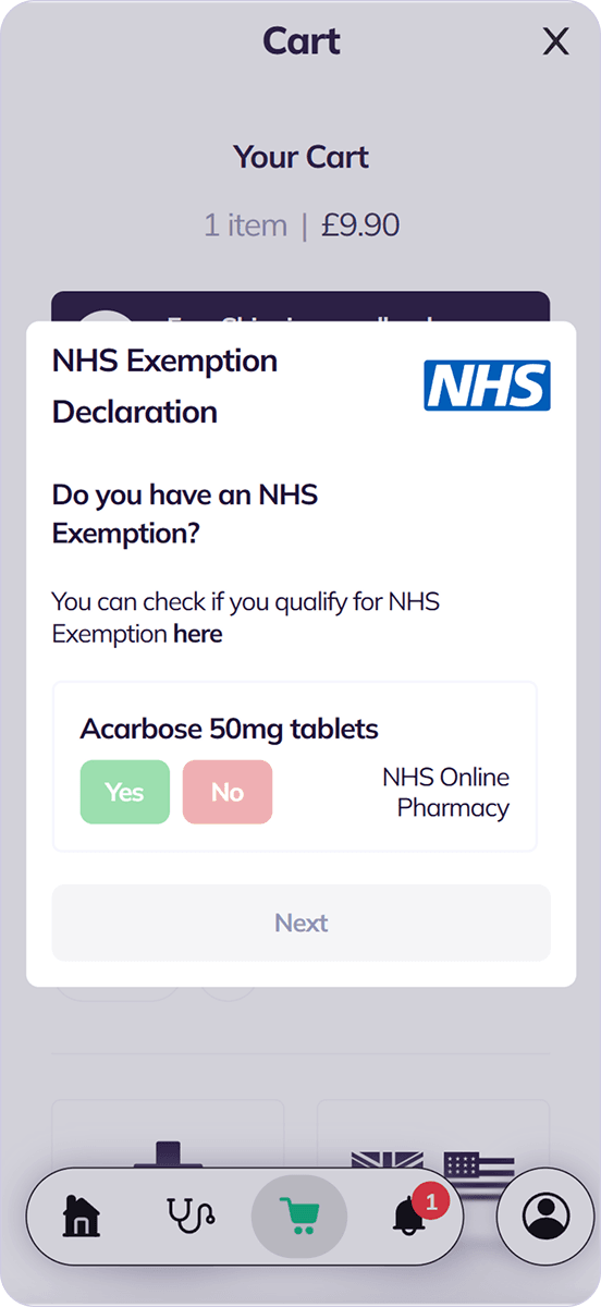 If there is an NHS service item in the Cart - An NHS Exemption Declaration will Pop Up - order