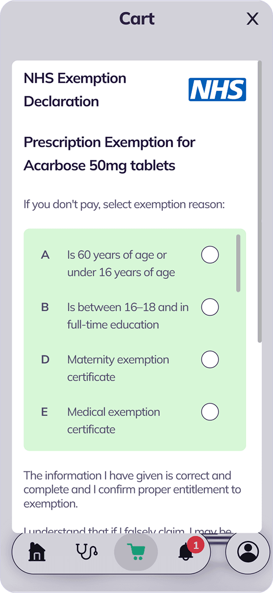Complete the NHS Exemption Declaration for each NHS service item - order