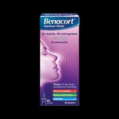Benacort Hayfever Relief for Adults 64 micrograms, nasal spray packaging which is available to order online from NowPatient with next day delivery