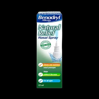 Benadryl Allergy Natural Relief Nasal Spray packaging which is available to order online from NowPatient with next day delivery
