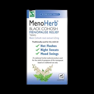 MenoHerb Black Cohosh Menopause Relief Tablets packaging which is available to order online from NowPatient with next day delivery