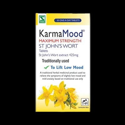 Karmamood Maximum Strength St John’s Wort Tablets packaging which is available to order online from NowPatient with next day delivery