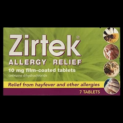Zirtek Allergy Relief packaging which is available to order online from NowPatient with next day delivery