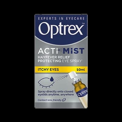 Optrex Actimist Hayfever Relief Protecting Eye Spray Itchy Eyes packaging which is available to order online from NowPatient with next day delivery
