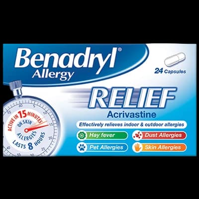 Benadryl Allergy Relief Capsules packaging which is available to order online from NowPatient with next day delivery