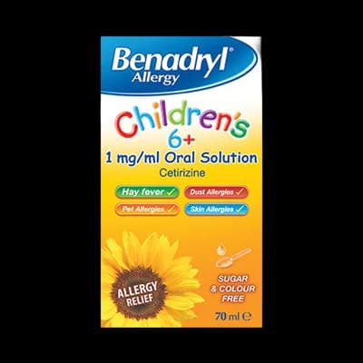 Benadryl Allergy Children’s 6+ 1mg/1ml Oral Solution packaging which is available to order online from NowPatient with next day delivery
