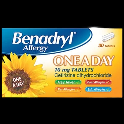 Benadryl Allergy One A Day 10mg Tablets packaging which is available to order online from NowPatient with next day delivery
