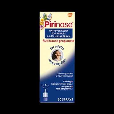 Pirinase Hayfever Relief for Adults 0.05% Nasal Spray packaging which is available to order online from NowPatient with next day delivery