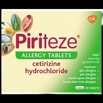 Piriteze Allergy Tablets packaging which is available to order online from NowPatient with next day delivery
