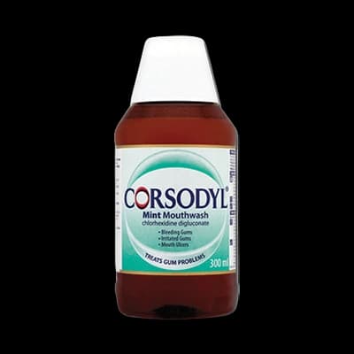 Corsodyl Mint Mouthwash packaging which is available to order online from NowPatient with next day delivery