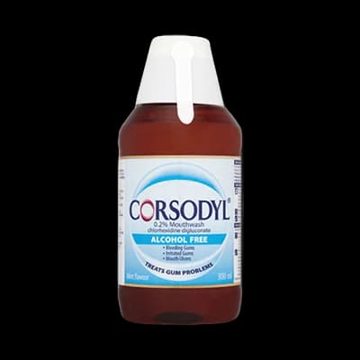 Corsodyl 0.2% Mouthwash packaging which is available to order online from NowPatient with next day delivery