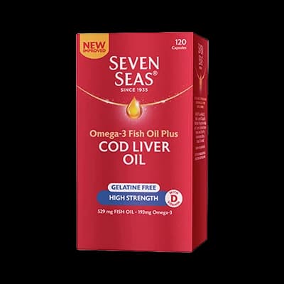 Seven Seas Omega-3 Fish Oil plus Cod Liver Oil Gelatine Free High Strength Capsules