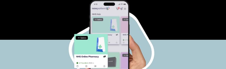 A hand holding a smartphone showing the NowPatient’s app screen, with a NHS Online Pharmacy card rated 4.7 Excellent by 500+ users.