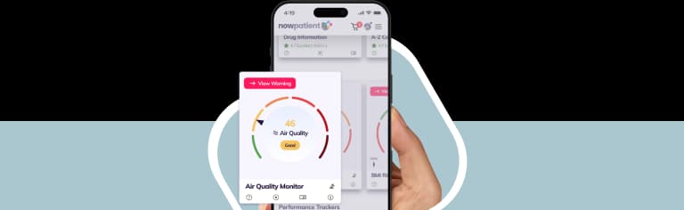 A hand holding a smartphone showing the NowPatient’s app screen, with a Air Quality Monitor card rated 4.7 Excellent by 500+ users.