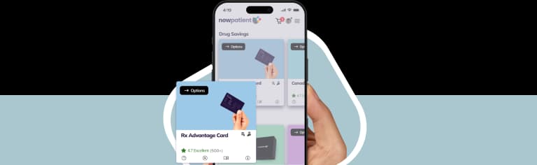 A hand holding a smartphone showing the NowPatient’s app screen, with a Rx Advantage Card card rated 4.7 Excellent by 500+ users.