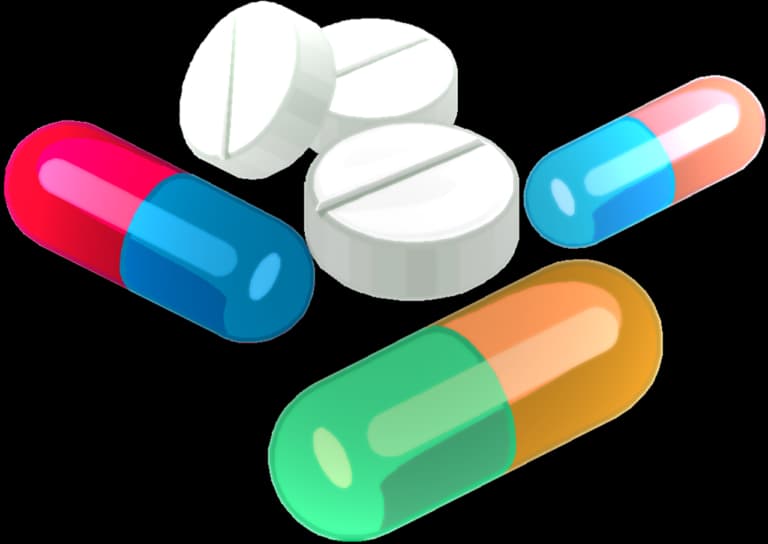 Save on a group of colorful prescription medications on a white background.