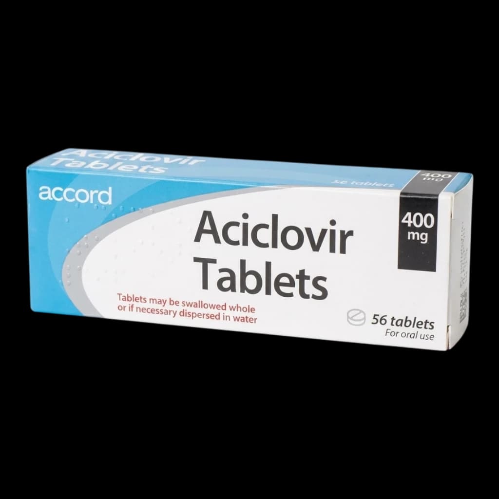 A box of Acyclovir tablets on a white background.