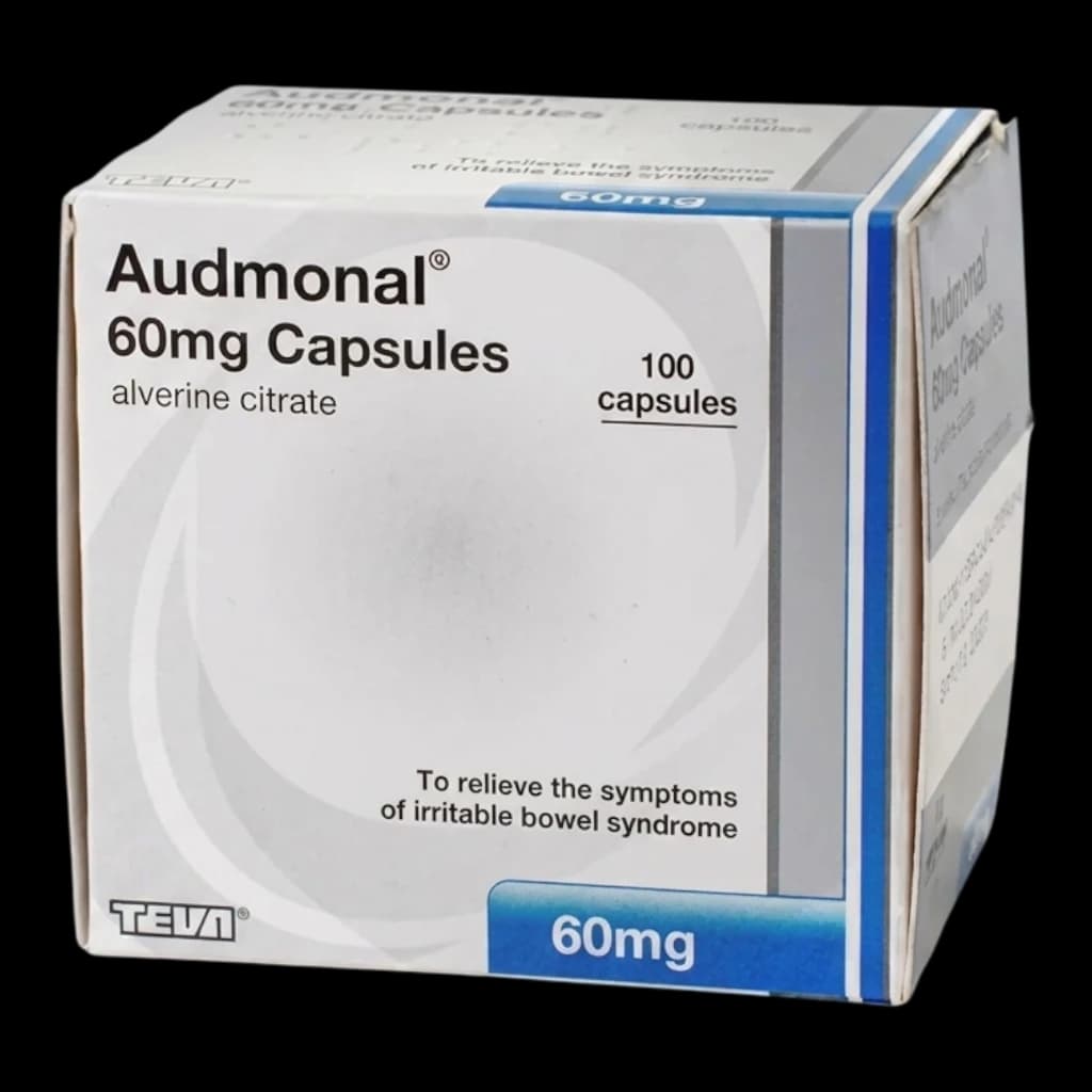A box of autonomal 60mg Alverine citrate capsules on a white background.