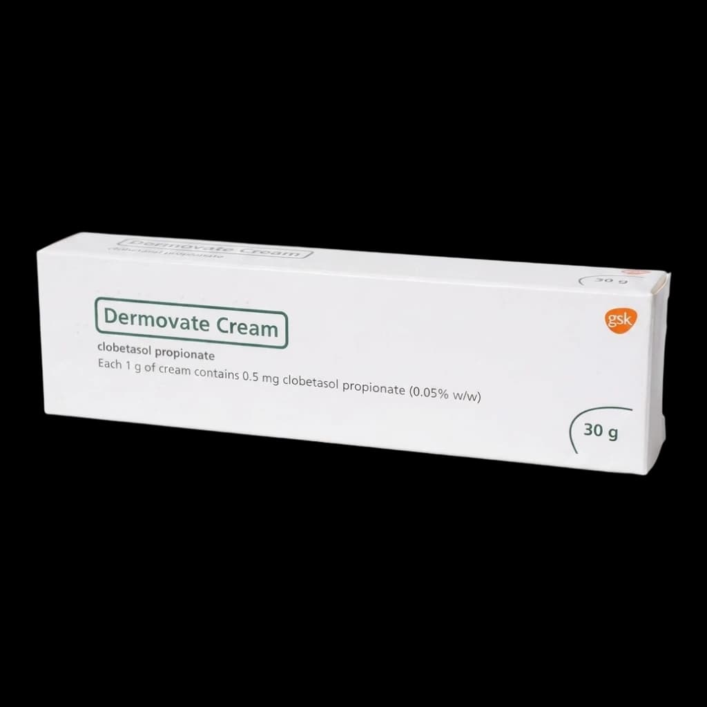 A box of Dermovate dermatitis cream on a white background.
