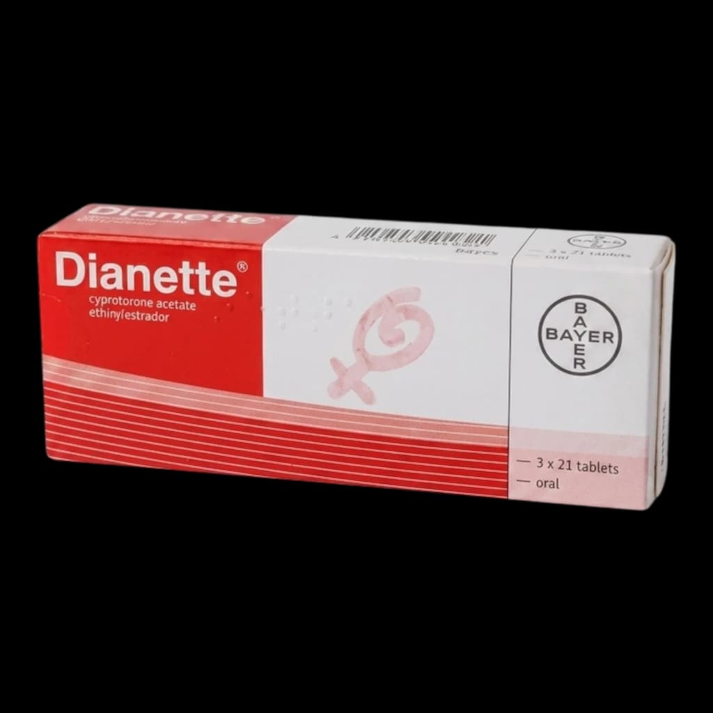 A box of Dianette on a white background.
