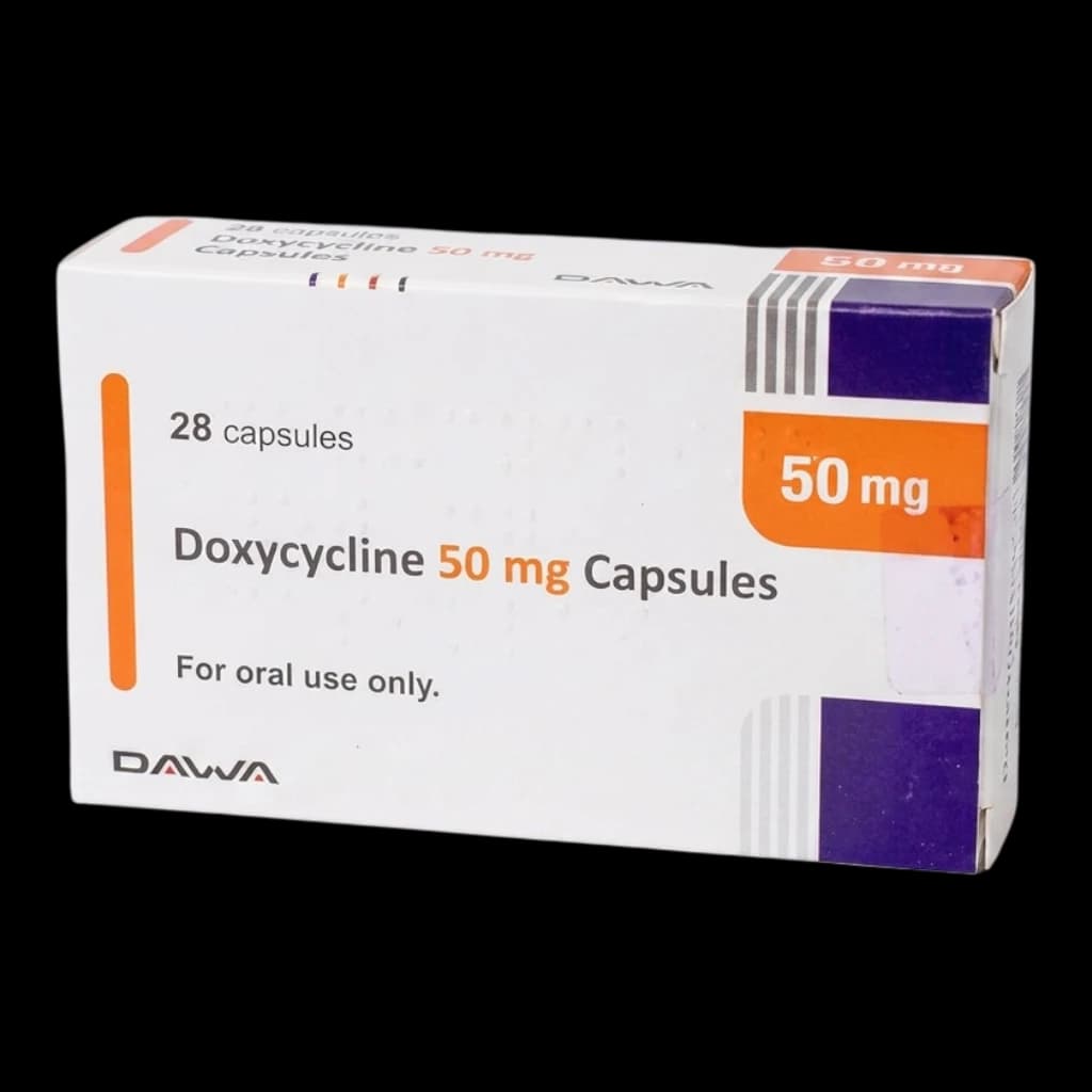 Doxycycline 50mg capsules on a white background.