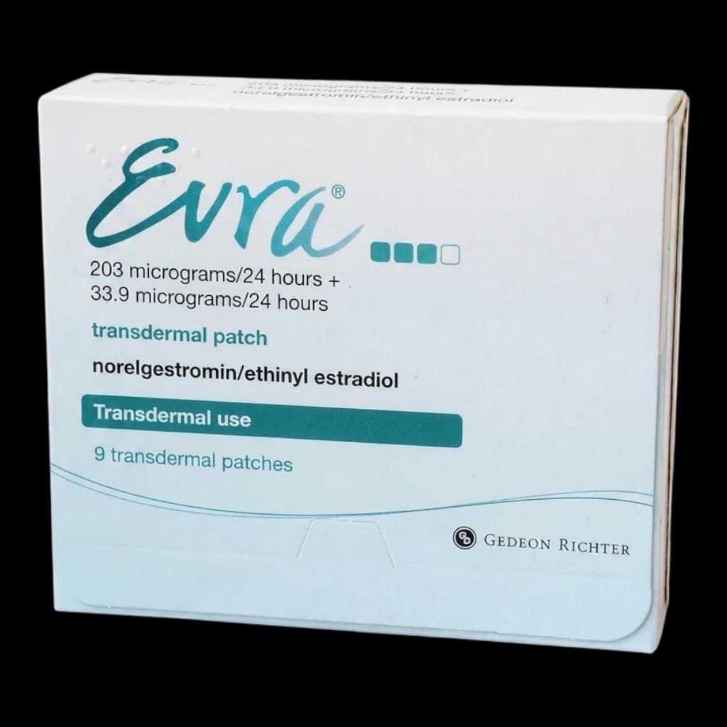 A box of Evra tablets on a white background.