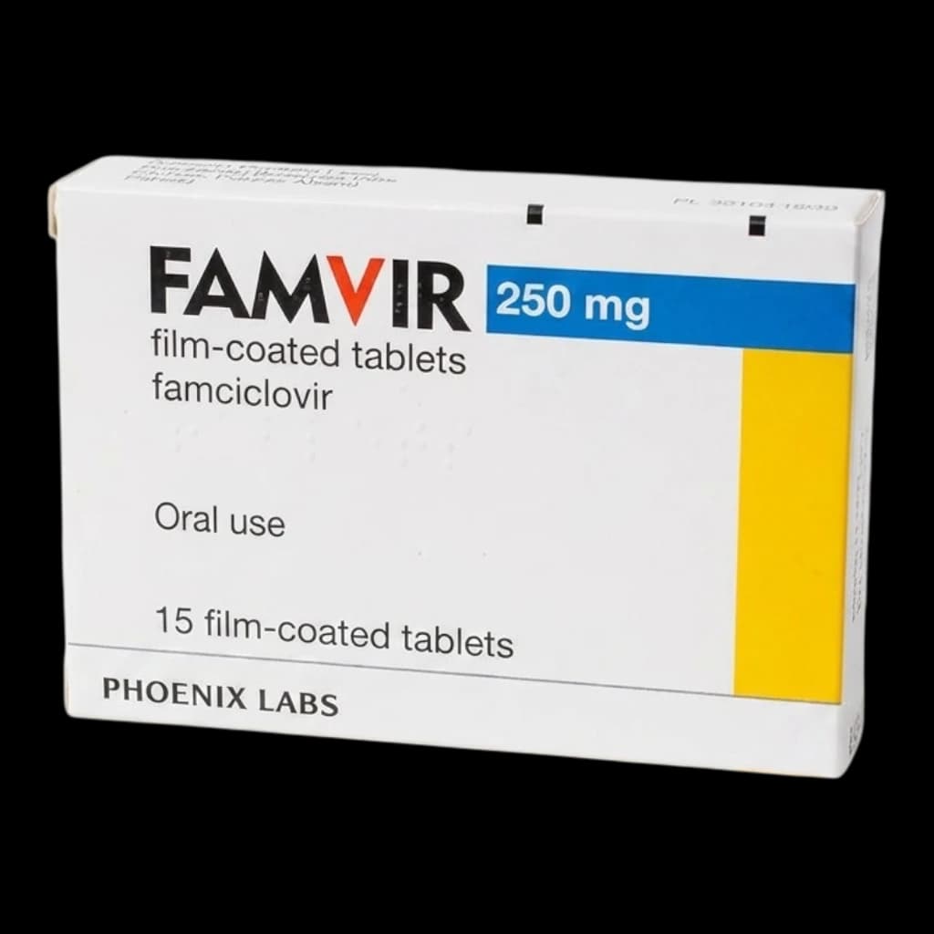 Famvir 500mg tablets on a white background.