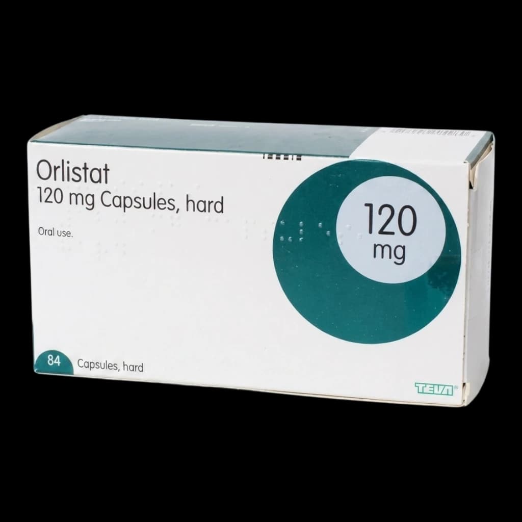 A box of Orlistat 120mg capsules on a white background.