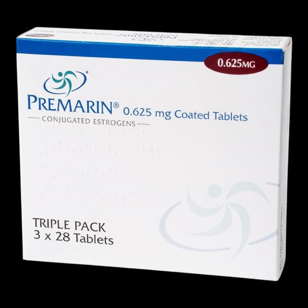 A box of Premarin tablets on a white background.