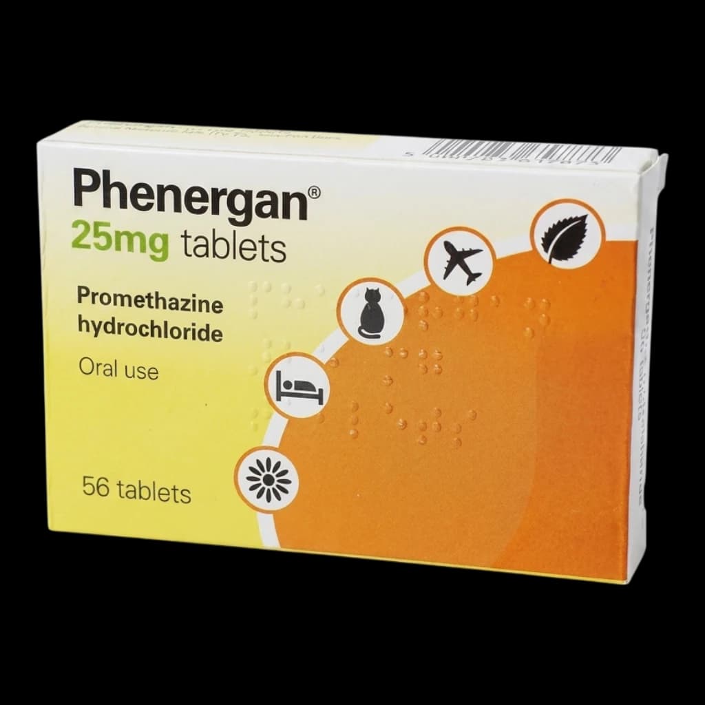 Promethazine (Phenegan) 25mg tablets on a white background.