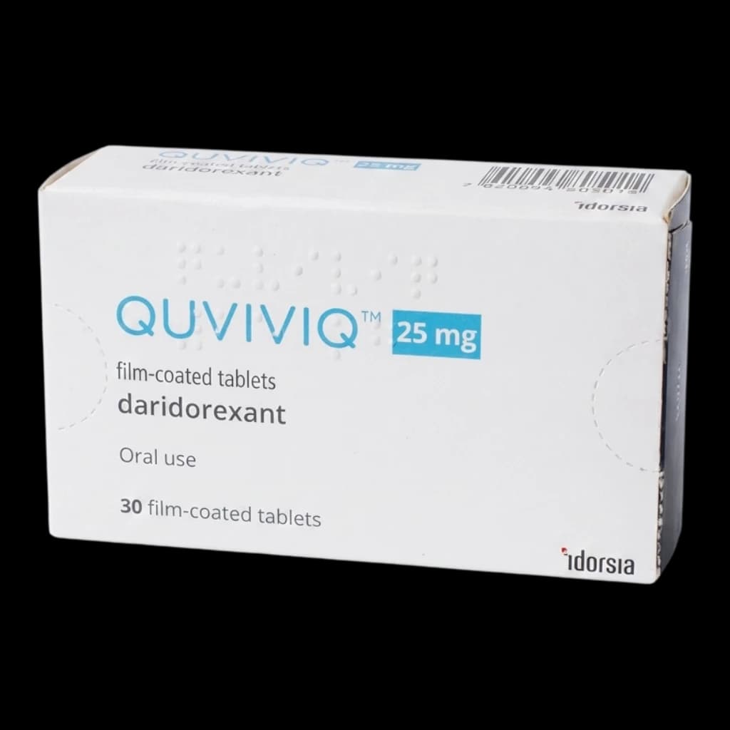 A box of Quviviq tablets on a white background.