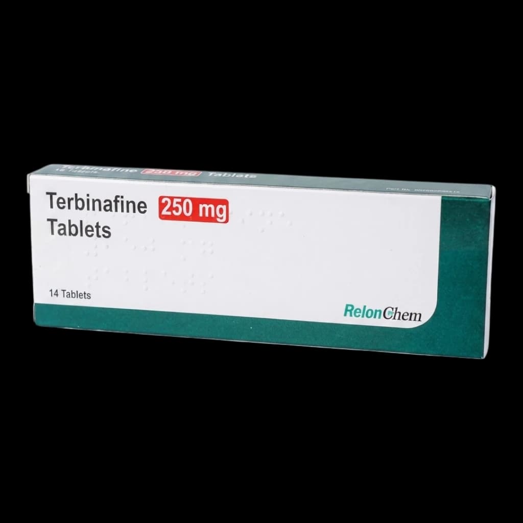 A box of Terbinafine tablets on a white background.