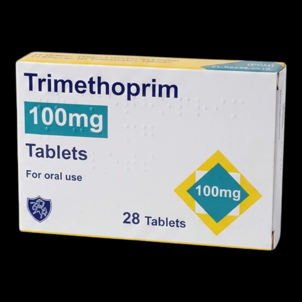 A box of Trimethoprim tablets on a white background.