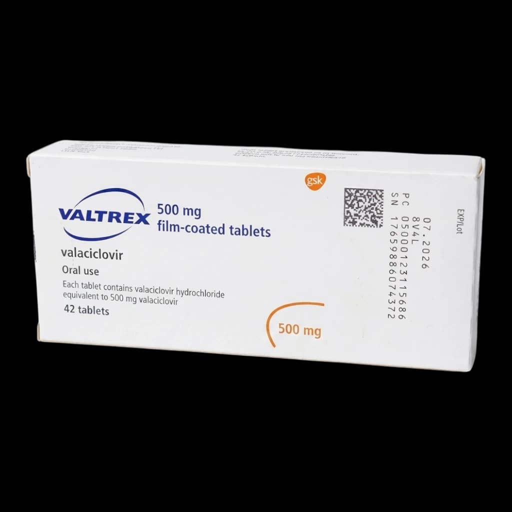 A box of Valtrex tablets on a white background.