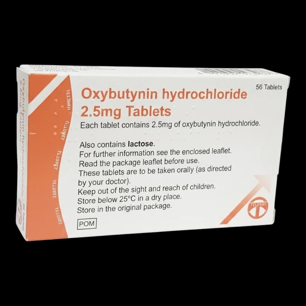 Oxybutinin packaging which is available to order online from NowPatient with free next day delivery