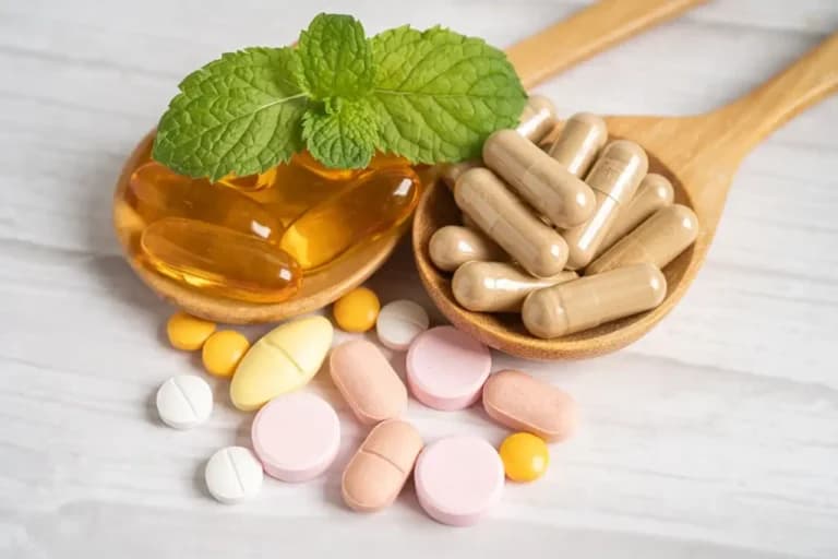 Wooden spoons holding capsules and a herbal leaf, with assorted weight loss pills scattered on a table.