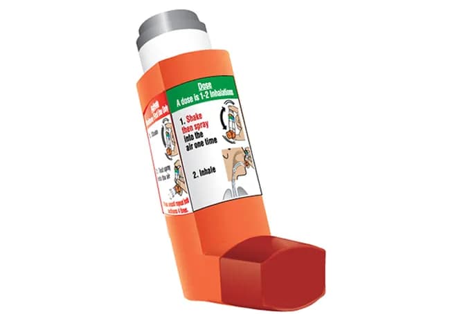 Primatene Mist inhaler used for temporary relief of mild asthma symptoms, showing instructions for use on the label