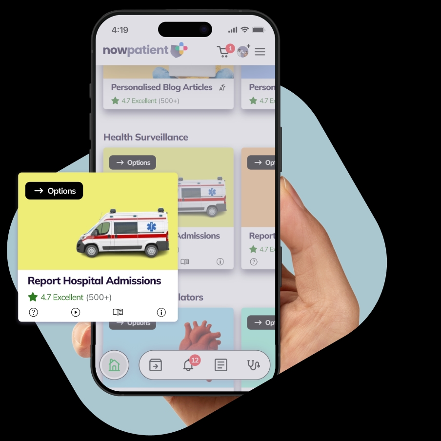 A hand holding a smartphone showing the NowPatient’s app screen, with a Report Hospital Admissions card rated 4.7 Excellent by 500+ users.