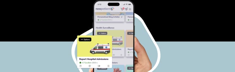 A hand holding a smartphone showing the NowPatient’s app screen, with a Report Hospital Admissions card rated 4.7 Excellent by 500+ users.