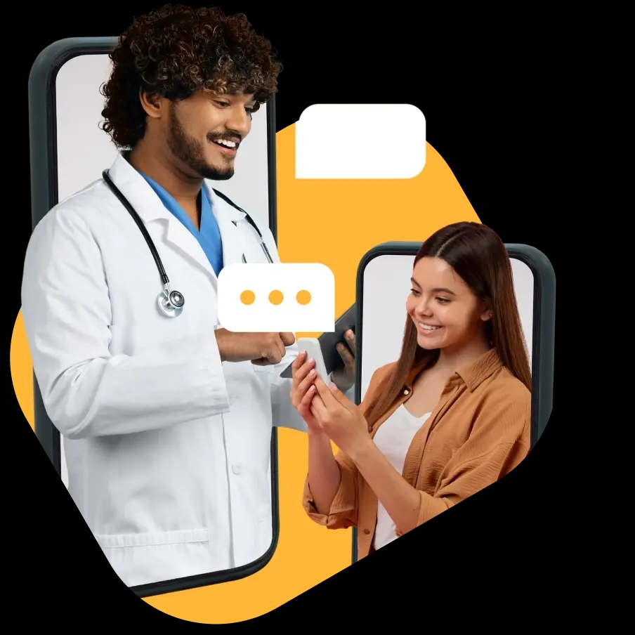 A doctor with a tablet communicates with a smiling woman holding a phone, both appearing to interact through digital devices against a yellow background with chat icons.