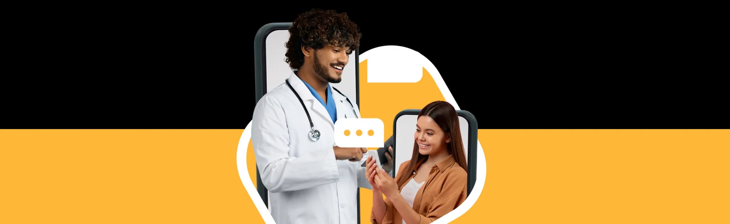 A doctor with a tablet communicates with a smiling woman holding a phone, both appearing to interact through digital devices against a yellow background with chat icons.