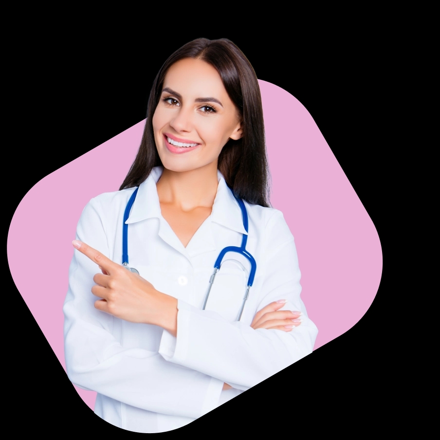 A smiling female clinician in a white coat and stethoscope pointing, representing NowPatient's NHS Pharmacy First service.