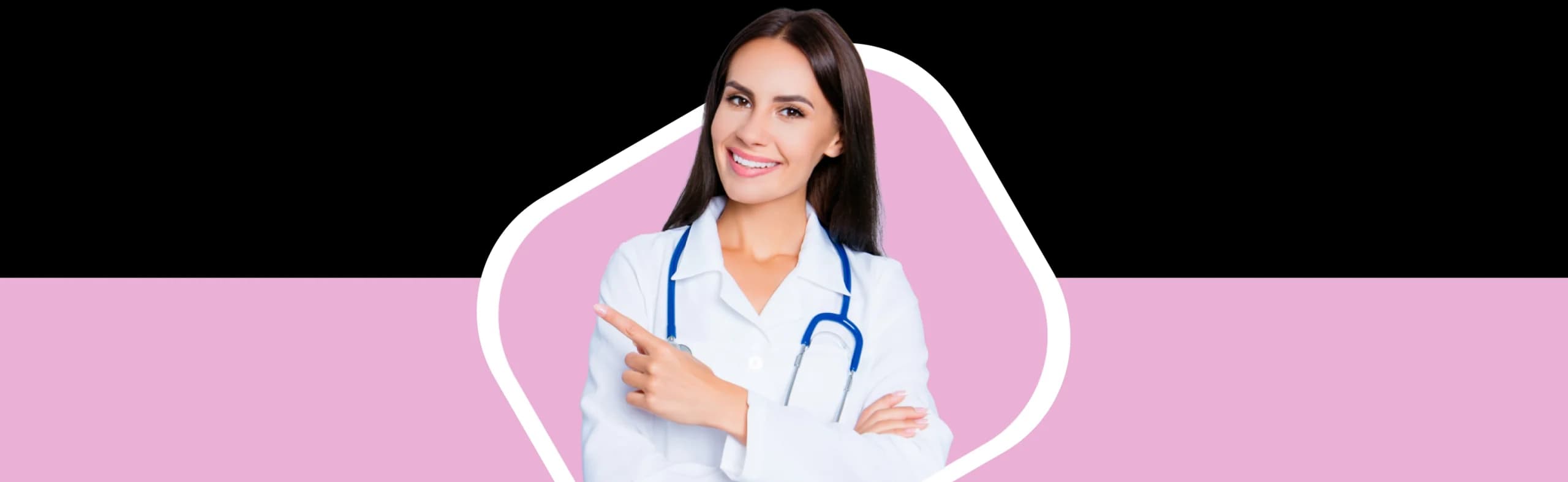 A smiling female clinician in a white coat and stethoscope pointing, representing NowPatient's NHS Pharmacy First service.
