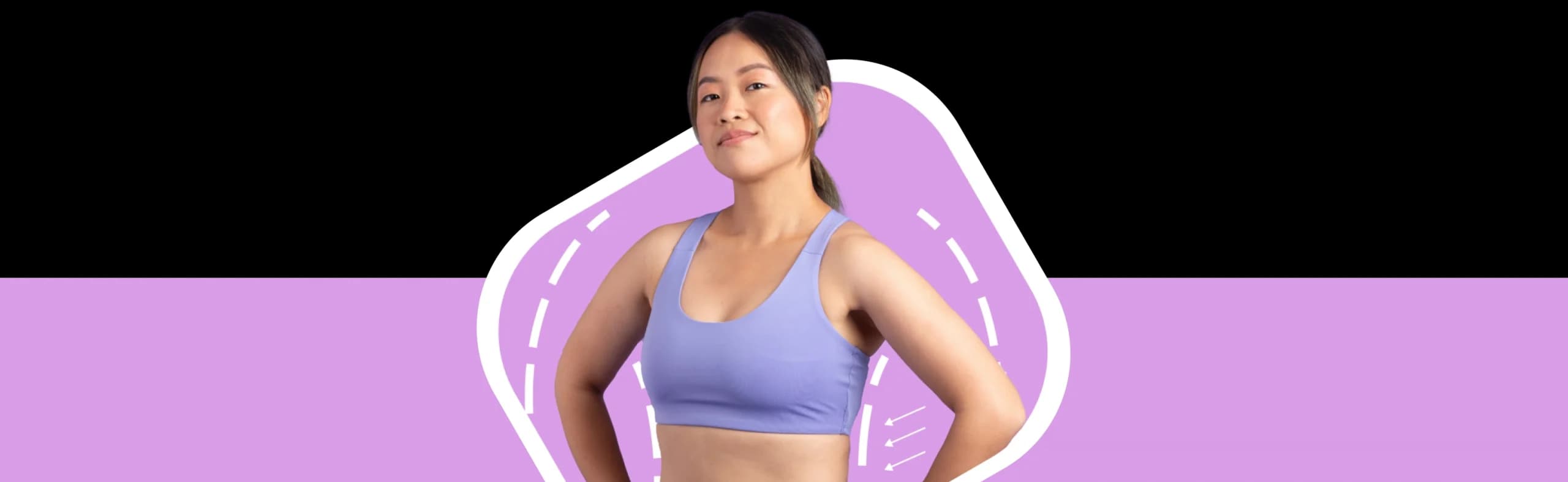 A woman in a lilac sports bra standing confidently with hands on hips, illustrating NowPatient's GLP-1 weight loss treatment programme.