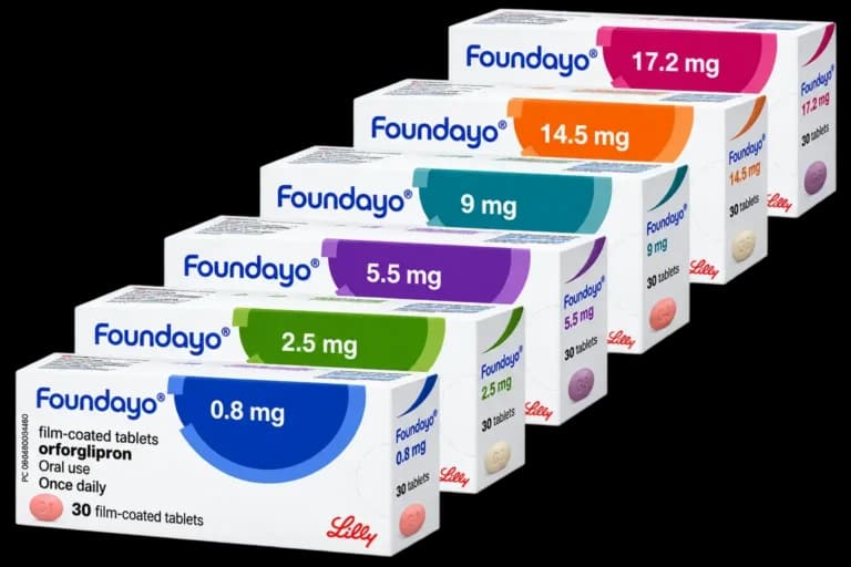 Image showing 6 boxes of Foundayo pills in varying strengths
