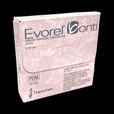 Evorel Conti packaging which is available to order online from NowPatient with free next day delivery