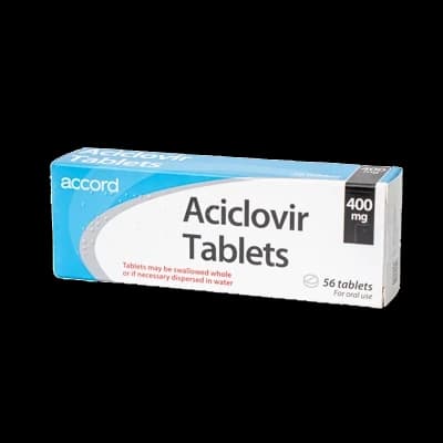 A box of Acyclovir tablets on a white background.